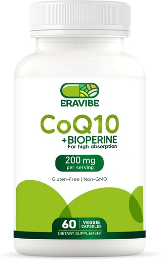 [BRSRAFIEBAMQ2AIZ] Pure CoQ10 Energy Support High Absorption with Bioperine, 200 mg por Serving, 60 Veggie Capsules, Gluten-Free, Non-GMO