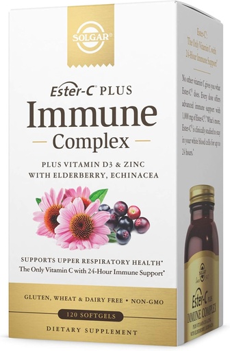[BRSWYBQLOZYWGGTF] Solgar Ester-C Plus Immune Complex -120 Softgels, 24-Hour Immune Support, Supports Upper Respiratory Health - Plus D3, Zinc, Elderberry & Echinacea - Non-GMO, Gluten Free, Dairy Free - 60 Servings,