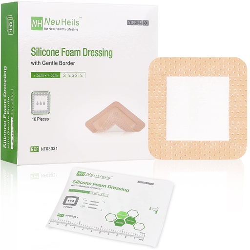 [BRSW2CQOCIBWEDYZ] NeuHeils Silicone Foam Dressing with Border 3"x3", 10 Pack for Bed Sores
