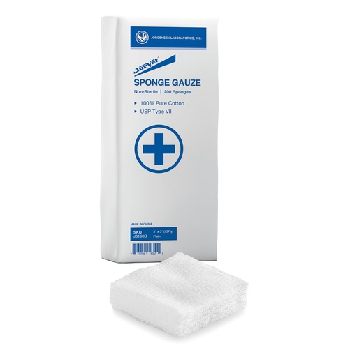 [BRSWIYIDPIBA4FIV] JorVet Premium 3" x 3" Cotton Sponge Gauze Pads | High Absorbency, USP Grade Sponges for First Aid | Gentle Wound Care Sponges for Veterinary Use | Trusted by Pros & Made for Comfort | 200 Count