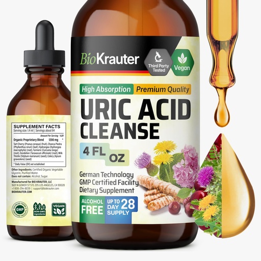 [BRSWGHYHOEAWADLP] BIO KRAUTER® 7-in-1 Uric Acid Support Supplement with Tart Cherry, Dandelion Root, Cranberry, Celery & Chanca Piedra – Herbal Kidney Support with Milk Thistle & Turmeric 1200 mg, 4 Fl.Oz.