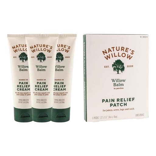 [BRSRYZY6CJ7QMA34] Nature's Willow Willow Balm Cream (3-Pack) & Relief Patches Bundle | Willow Bark & Menthol | Muscles & Joints | No Artificial Fragrances & Dyes