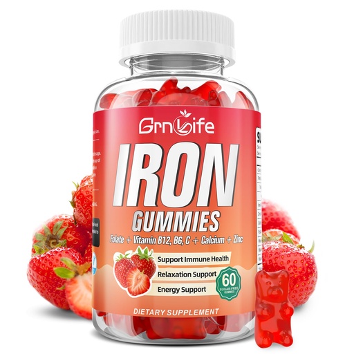 [BRSRAGD3DMBROE3K] Iron Gummies for Women, Men & Kids, Sugar Free Iron Supplement with Calcium, Zinc, Folate & Vitamin B12, C, B6 - for Blood Building & Energy Support, Anemia, Strawberry, 60 Count