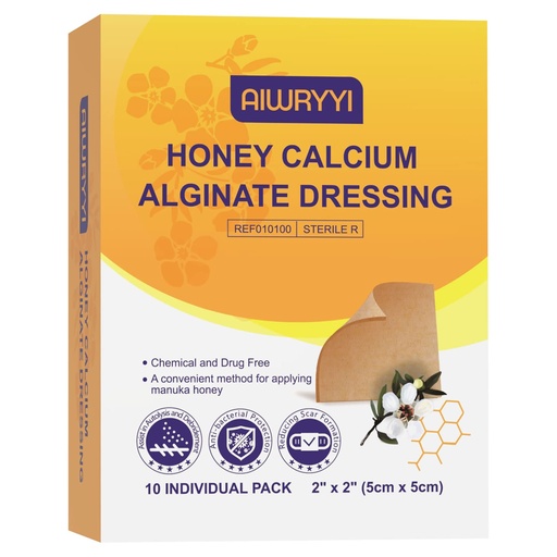 [BRSW2H35AEFR6AAY] [Pack of 10] Honey Calcium Alginate Dressing 2”x2”, Honey Wound Patches with Calcium, Fast Healing Honey Pads for Bedsores, Surgical Wound, Diabetic Foot Ulcers, Burns and Skin Tears