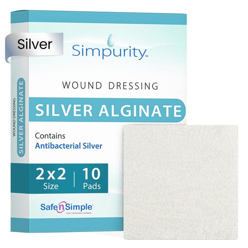 [BRSRMZIRCQIWC2T3] Silver Calcium Alginate Wound Dressing - Simpurity - 2"x 2" Individual Thick Pads - Dressing for Wound Care - Sterile Calcium Alginate Pads with Silver - Safe n' Simple Wound Care Products