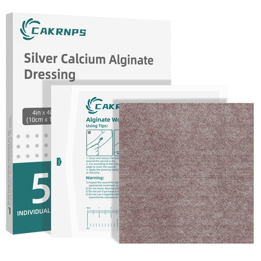 [BRSREAD5B4IBECDB] Silver Calcium Alginate Wound Dressing Pads, 4"x4", 5 Individually Wrapped, Highly Absorbent, Soft and Non-Adherent, Painless Removal for Open Wound Care