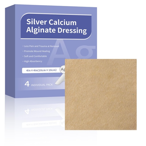 [BRSRGBARCUFAKH37] Silver Calcium Alginate Wound Dressing 4" x 4" Soft Silver Dressings Non Stick Pads for Bedsore, Ulcers 4 Packs Individual