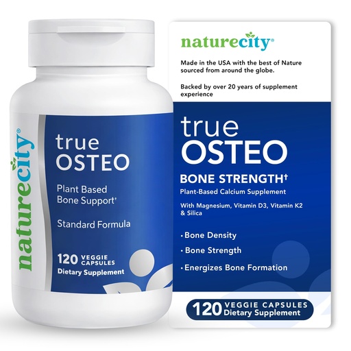 [BRSROYIDBEMBYAL6] NatureCity True-Osteo Plant-Based Supplement for Bone Strength | AlgaeCal Calcium & Magnesium, Plant-Based Vitamin D3, Vitamin K2, Silicon| Gentle on Stomach (120 Veggie Capsules)