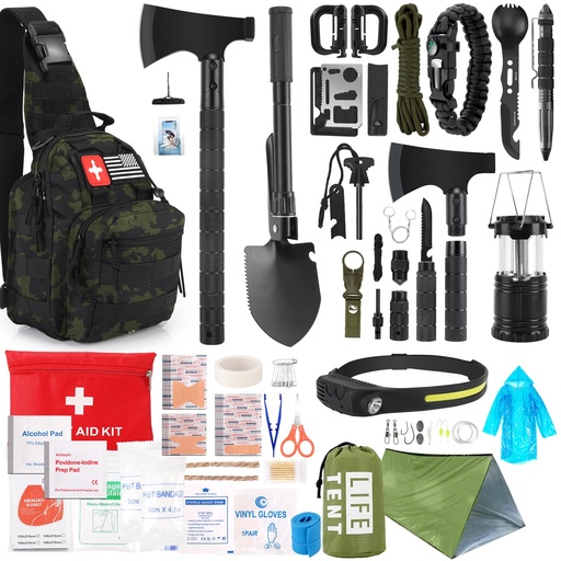 [BRSREGQYPMCBUH3K] Survival Kit, 268 Pcs Emergency Survival Gear and Equipment Supplies with First Aid Kit, Camping Axe, Headlamp, Crossbody Bag for Camping Hiking, Hunting, Gift for Christmas Men, Dads, Black Como