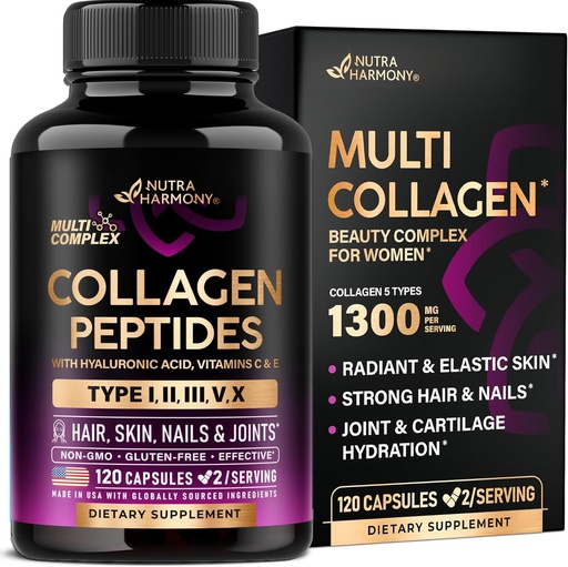 [BRSRAFL2OEIB4DT3] Multi Collagen Peptides - Hydrolyzed Types I, II, III, V & X - Collagen Supplement for Women 1300mg - w/ Hyaluronic Acid, Vitamins C & E - Skin, Hair, Nails & Joint Support - Made in USA, 120 Capsules