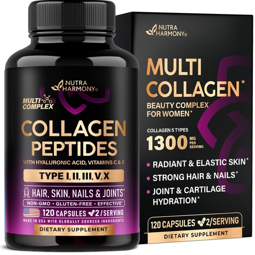 [BRSRAFL2OEIB4DT3] Multi Collagen Peptides - Hydrolyzed Types I, II, III, V & X - Collagen Supplement for Women 1300mg - w/ Hyaluronic Acid, Vitamins C & E - Skin, Hair, Nails & Joint Support - Made in USA, 120 Capsules