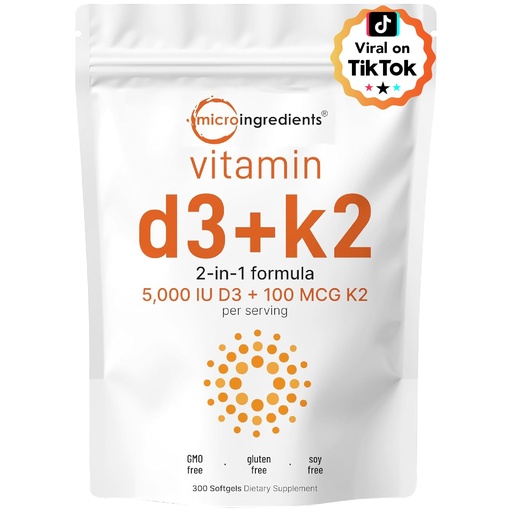 [BRSWGAARO4MWAC3B] Micro Ingredients Vitamin D3 5,000 IU + K2 MK-7 100 mcg, 300 Softgels | 2-in-1 Vitamins D & K Complex | Extra Strength, Easy to Swallow, Non-GMO, Gluten Free