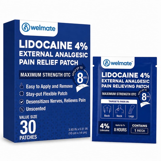 [BRSWYHQDAB7WY23P] WELMATE - 4% Lidocaine Numbing Patch - Maximum Strength - Temporary Relief of Pain, Back, Neck, Shoulders, Knees, Elbows, Minor Skin Irritations - Topical Analgesic Unscented - 30 ct