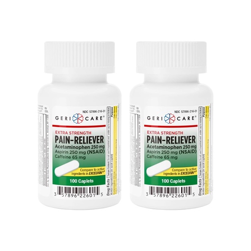 [BRSREHTROUBG2EQ3] GeriCare Pain Reliever Extra Strength Caplets – 100 Count – Acetaminophen 250mg, Aspirin 250mg (NSAID), Caffeine 65mg – Powerful Triple-Action Formula for Headaches, Migraines & Minor Aches (2 Pack)