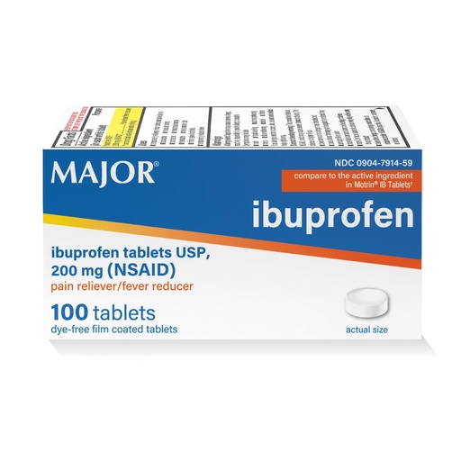 [BRSWIZY5BZ5RSG3C] MAJOR Dye-Free Ibuprofen Tablets 200 mg - Helps Temporarily Reduce Fevers - Offers Pain Relief - 100 Tablets (1-Pack)