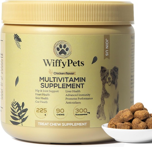 [BRSRAFI6DIBQKA34] 11-in-1 Dog Multivitamin for Small, Medium & Large Breed Dog,Vitamin Dog Treat, Dog Vitamins and Supplements, Vitamin Mixture for Skin & Coat by WiffyPets,Boosts Immunity | 90 Count,Chicken