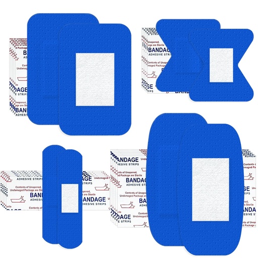 [BRSRGHQQA4GWE2AY] 200 Pcs Blue Metal Detectable Bandages, PE Waterproof Bandage Bulk for Food Service Catering, Adhesive Bandages for First Aid & Wound Care, Variety Pack, 4 Styles