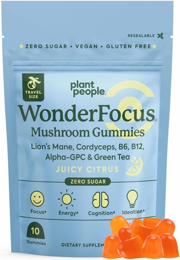 [BRSROAD4BEMQGADL] Plant People WonderFocus Gummees Mini Oroszlán sörénye & Cordyceps Nootropic Brain Supply Memory Focus Energy & Mood in Felnőttek No Sugar 100% Vegan Citrus Flavor Trial Size