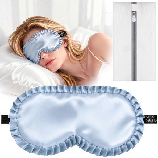 [BRSRYYIZO4HAA2DF] Silk Sleep Mask for Women, 100% Mulberry Silk Eye Sleeping Mask & Blindfold with Adjustable Strap, Ruffled Edge & Laundry Bag, Blackout Soft Eye Cover for Travel, Nap, Night Shift,Blue