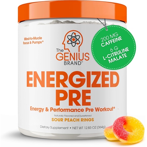 [BRSRA2QLBAMRSCA4] The Genius Brand Genius Energized Pre - Long-Lasting Energy Supplement for Healthy Mind, Endurance, Focus & Muscle Support - Non-GMO - Sour Peach Rings - 20 Servings