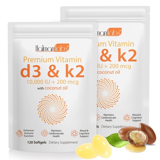 [BRSRAGI2PIMBO3L6] 2 Bag Vitamin D3 K2 Supplement Softgel, Vitamin D3 K2 Softgel with 10000 IU Supports Immune, Heart, Teeth & Bone Health, Free of GMO, Gluten, Soy