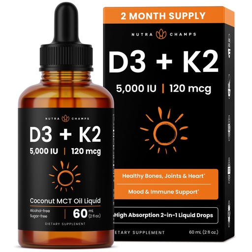 [BRSWYED4OEFQ4F3J] NutraChamps Vitamin D3 K2 Drops, Liquid Vitamin D3 5000 IU & K2 D3 with MK7, Vitamin D Drops for Kids, Bones, Heart & Immune Health, Liquid Vitamin D in MCT Oil for Better Absorption