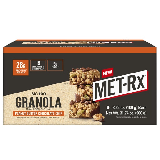 [BRSRABQEB55WOCD4] MET-Rx Big 100 Protein Bar, Peanut Butter Chocolate Chip, 28g Protein, 9 Ct