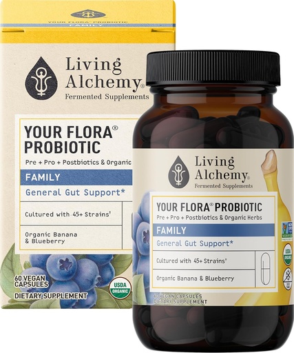 [BRSWY2QKO4BW2YIY] Your Flora Probiotic Family – Non-GMO Probiotics with Fermented Soybean, Banana, & Blueberry for Digestion & Gut Support – Prebiotics, Postbiotics, Digestive Enzymes – Living Alchemy, 60 Capsules