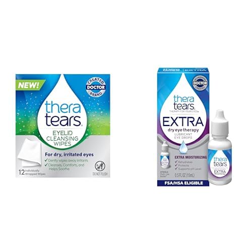 [BRSRYYYTCQCAY2T4] TheraTears Eyelid Cleansing Wipes & Extra Dry Eye Drops – 12 Individually Wrapped Wipes & 0.5 Fl Oz Bottle
