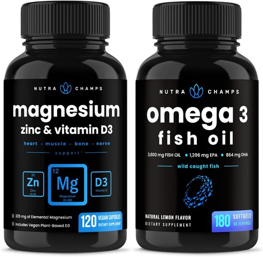 [BRSROHQLAECRM3TG] NutraChamps Magnesium Zinc & Vitamin D3 Capsules and Omega 3 Fish Oil Capsules 2 Pack Bundle