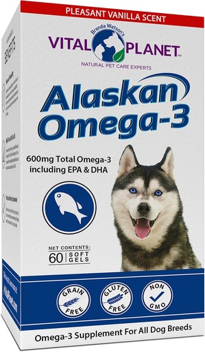 [BRSWIBDZDENA23Y3] Vital Planet - Alaskan Omega-3 Visoliesupplement voor honden met 600 mg Omega-3, hoog in DHA en EPA van duurzaam Geoogst Wild Gevangen Koude Watervis, 60 Vanilla Softgels