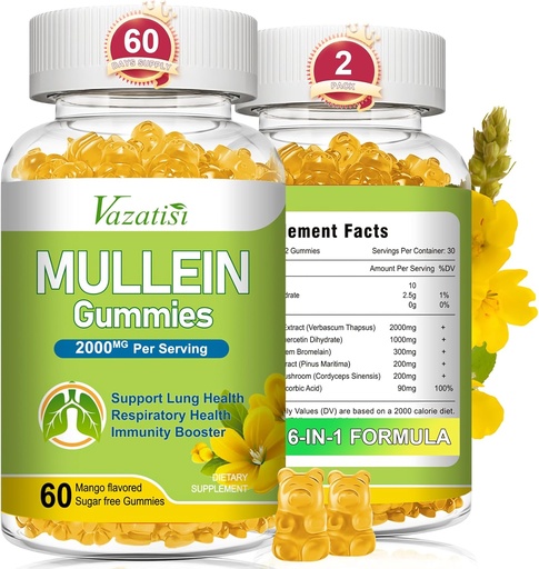 [BRSROADQCVYAG3TV] Mullein Gummies, Mullein Leaf Extract with Bromelain, Quercetin, Pine Bark Support Lung Cleanse for Healthy Breathing, 120ct