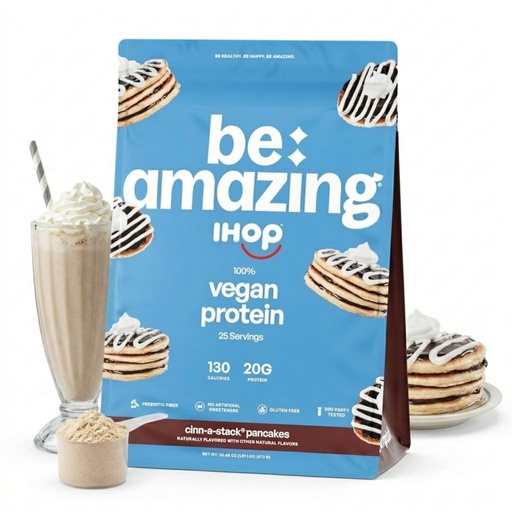 [BRSREYD4OUCA2D3B] BE AMAZING Vegan Protein Powder, IHOP Cinn-A-Stack Pancake, 20g Plant Based Pea Protein, Prebiotic Fiber, Low Carb, Dairy Free, Gluten Free, Soy Free, No Added Sugar, 25 Servings