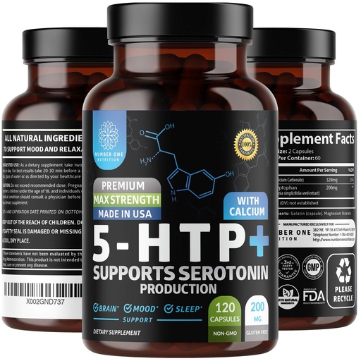 [BRSWYZQZPIFAKGTX] N1N Premium 5-HTP 200mg Plus Calcium, Made from Griffonia Seed Extract, Non GMO and Gluten Free, 120 Caps