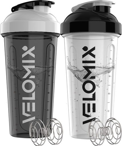 [BRSREYAOB4PGAHT4] VELOMIX 2 Pack 28oz Protein Shaker Bottle for Protein Mixes, Black/White