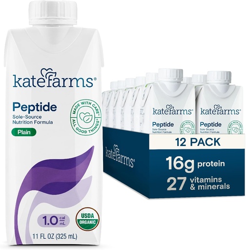 [BRSW2YAFBYFQIGQV] KATE FARMS Organic Adult Peptide 1.0 Formula, Plain, Sole-Source, Hydrolyzed Plant-Based Nutrition for Oral or Tube Feeding, 11 Fl oz (12 Pack)