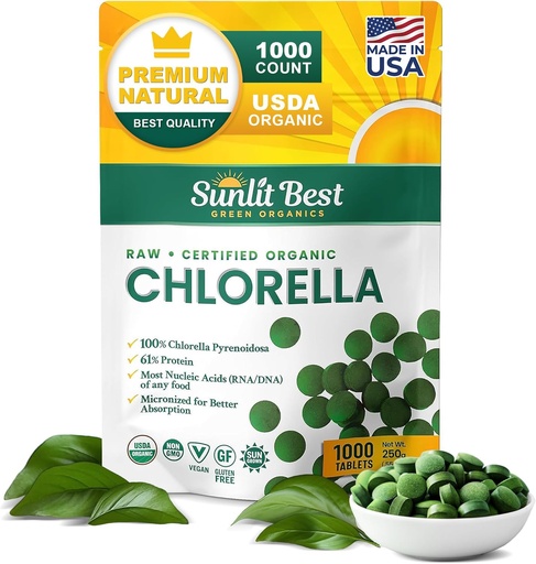 [BRSWIHD4BIBGI3TA] Sunlit Best USDA Organic Premium Chlorella Tablets 1000 Count | 100% Pure Chlorella Superfood Supplement High in Protein, Chlorophyll, Vitamins, & Minerals | Supports Good Health, Wellbeing