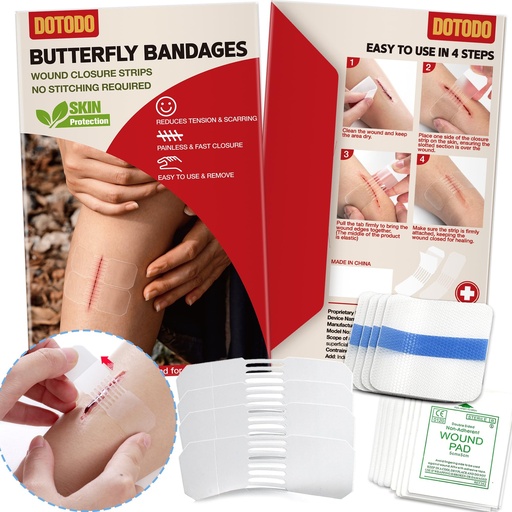 [BRSRAYYHAUDWEA35] Emergency Wound Closure Strips - HSA or FSA Eligible - Dotodo 4PCS Laceration Closure Kit - Sutures Butterfly Bandaids | Stretchable & Shrinks Back to Close The Cut