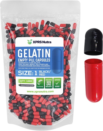 [BRSWYZL5O4GR6HY3] XPRS Nutra Size 1 Empty Capsules - 1000 Count Colored Empty Gelatin Capsules - Pill DIY Supplement Capsule Filling - Fillable Color Gel Caps Pills for Do-It-Yourself Supplements (Black/Red)