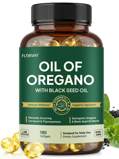 [BRSRGGT6OB4GKGT5] Oil of Oregano with Black Seed Oil Softgels, 5-in-1 Immune Support Formula with Ultra-High Potency Oregano Leaf Extract, 165mg Carvacrol & Thymoquinone, 180 Capsules