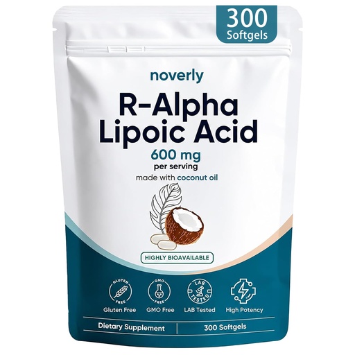 [BRSRYEAZAAAQY3YY] R-Alpha Lipoic Acid 600mg for Neuropathy, 300 Softgels, 100-Day Supply with Coconut MCT Oil, Ácido R-alfa lipoico Supplement for Nerve Health & Antioxidant Support, GMO-Free, Gluten-Free