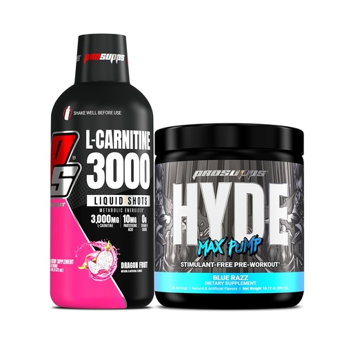 [BRSRAHAQO56RMCLB] PROSUPPS L-Carnitine 3000 Stimulant Free Liquid Shots (31 Servings, Dragon Fruit) and Hyde Max Pump Pre Workout for Men and Women (20 Servings, Blue Razz) Bundle