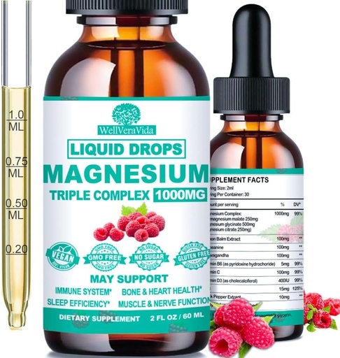 [BRSROCA3AV4BOHY6] Triple Magnesium Complex, 500mg of Magnesium Glycinate, Citrate & Malate w. Vitamin D3 K2, Chelated Forms High Absorption, Liquid Magnesium Complex w/B6 Zinc for Bone, Sleep, Heart, Energy Nerve