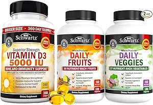 [BRSRAAAOBEFAIELA] BioSchwartz Daily Fruits and Veggies Supplement for Women and Men (2 Month Supply) Plus High Strength Vitamin D3 5000 IU 125 mcg (1 Year Supply)