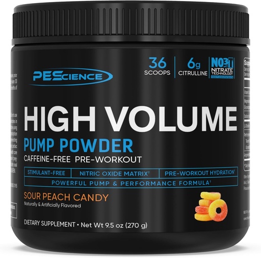 [BRSW2GD4PMPGYCL3] PEScience High Volume Stim-Free Pre Workout Pump Powder, Nitric Oxide Booster con L Citrulline &amp; L Arginine Nitrate, Non-Stim Preworkout para Hombres y Mujeres, 36 Scoops, Sour Peach Candy