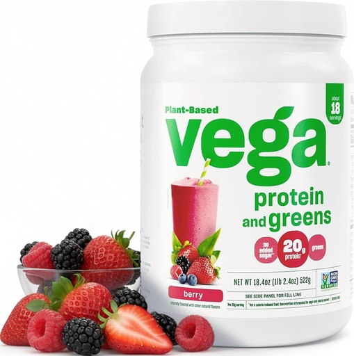 [BRSWKYIMAAHRUCTI] Vega Premium Protein + Supergreens, Berry – 20g Vegan Protein, Dairy & Gluten Free, 19.2 oz (18 Servings)