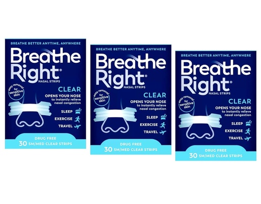 [BRSWKGQKAEOQCDYZ] Breathe Right Nasal Strips - Clear - for Sensitive Skin - Sm/Med Clear Strips - 30 Count Strips Per Box - Pack of 3