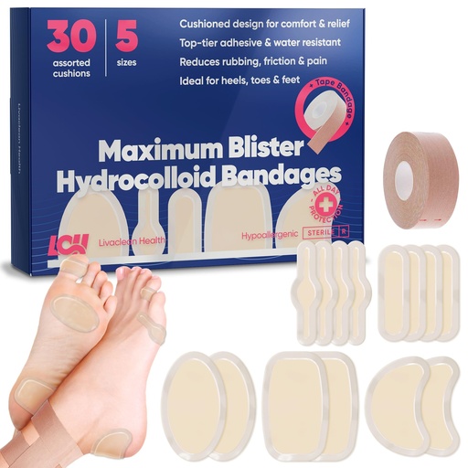 [BRSROBQYC4ARM3DB] 30 CT Hydrocolloid Blister Bandages for Feet + 5 Yards Tape Bandage - Blister Bandaids for Runners, Heels & Active Movement - Water Resistant Blister Prevention Tape for Fingers, Toes, Forefoot