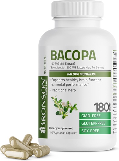 [BRSROYYYOENBMGTX] Bronson Bacopa Suporta Função Cérebro Saudável e Desempenho Mental, Herb Tradicional, Não-GMO, 180 Cápsulas Vegetarianas