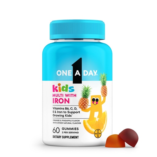 [BRSRYZYPDIBAKGTD] One A Day Kids Multivitamin with Iron Gummy, Vitamin D, Vitamin C, E, Zinc for Immune Support, Gummy Vitamins, Kids Multivitamin Gummies with Iron, Orange & Pineapple Flavor, 60 Ct(Packaging May Vary)